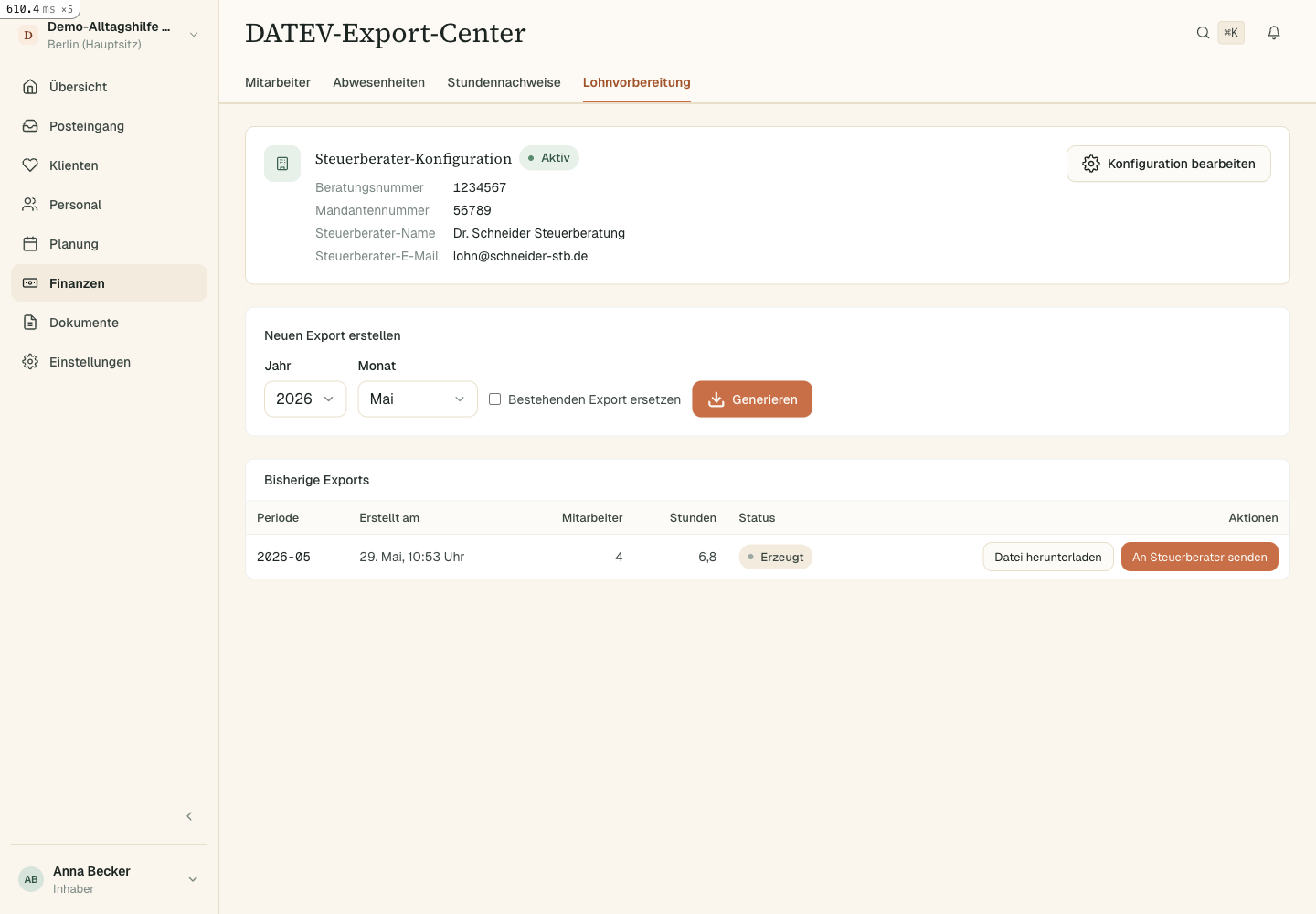 Screenshot des DATEV-Export-Centers in Aldor